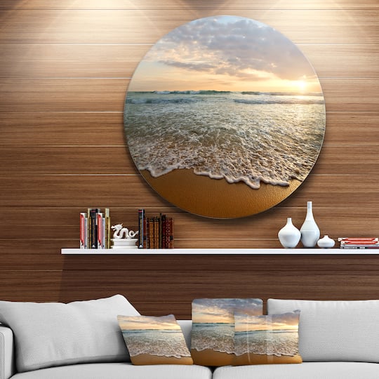 Designart - Bright Cloudy Sunset in Calm Ocean' Seashore Circle Metal Wall Art